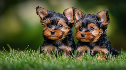 Two Yorkshire Terrier puppies play with each other on a grassy field, capturing a candid and joyous moment of innocence.
