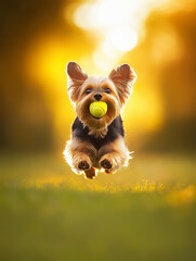 Yorkshire Terrier Dog running and jumping with ball towards camera in the garden
