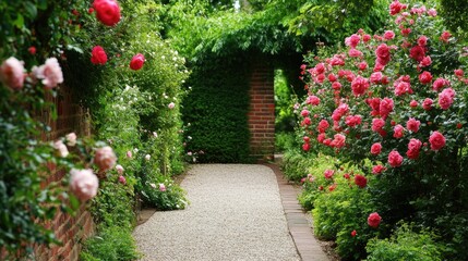 Naklejka premium English country garden with a charming brick wall, neatly pruned bushes, and blooming roses lining a gravel walkway, no people, no logo.