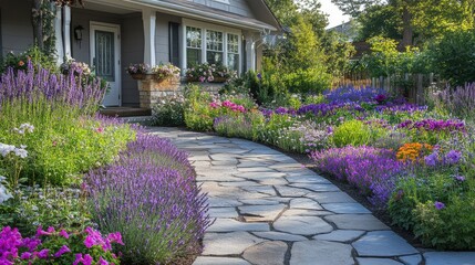 Obraz premium English country-style front yard featuring a stone pathway, lavender borders, and colorful flower beds, no people, no logo.