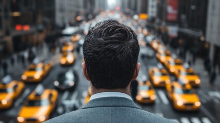 A person viewing the city street's traffic filled with yellow taxis, symbolizing urban life, facing...