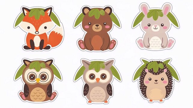 ungle animal stickers: fox, bear, rabbit, owl, hedgehog, cute design on white background.