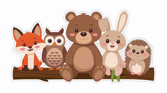 ungle animal stickers: fox, bear, rabbit, owl, hedgehog, cute design on white background.