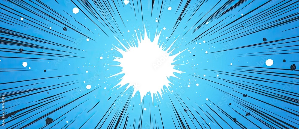 Poster a dynamic explosion effect with radiating lines and a bright center on a blue background.
