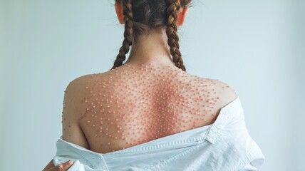 A photographic image of the back of a person with a braided hairstyle. The skin is dotted with numerous small, reddish-pink bumps or lesions. The person is wearing a white garment, possibly a shirt