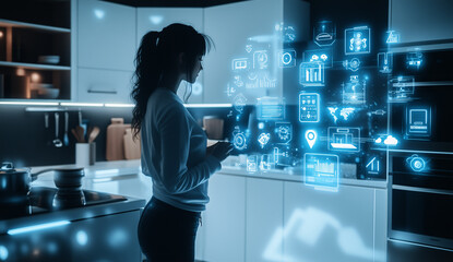 A woman is looking at a screen with a lot of icons on it