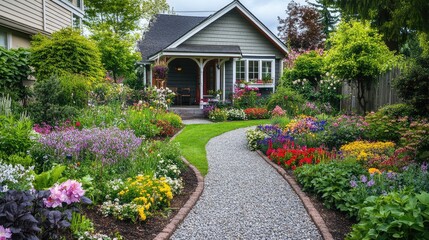 Fototapeta premium Front yard garden in English country style with neatly pruned shrubs, colorful flower beds, and a gravel path, no people, no logo.