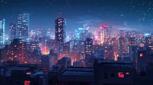 Panoramic view of city skyline at night from rooftop. postproducted generative ai illustration. City at Night. Illustration