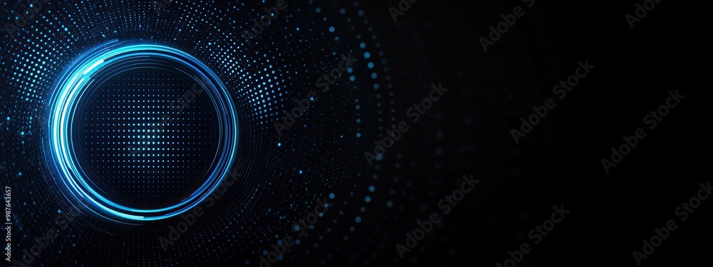 Poster a digital abstract design featuring a glowing blue circle and dotted patterns on a dark background.