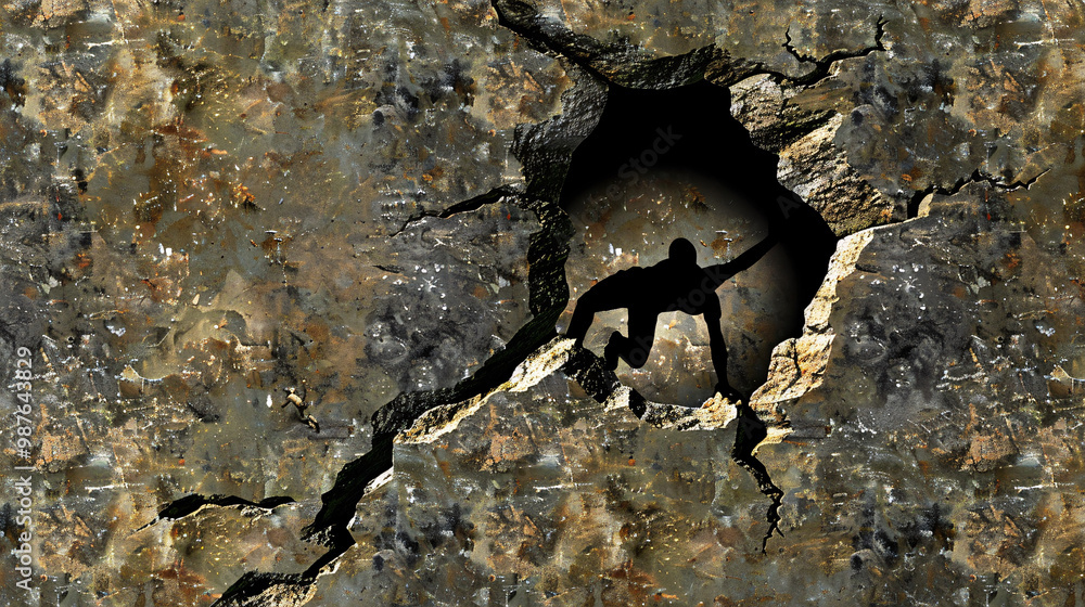 Poster a 3d rock climber scaling through a cliff-textured tear in the center. with surrounding blank copy s