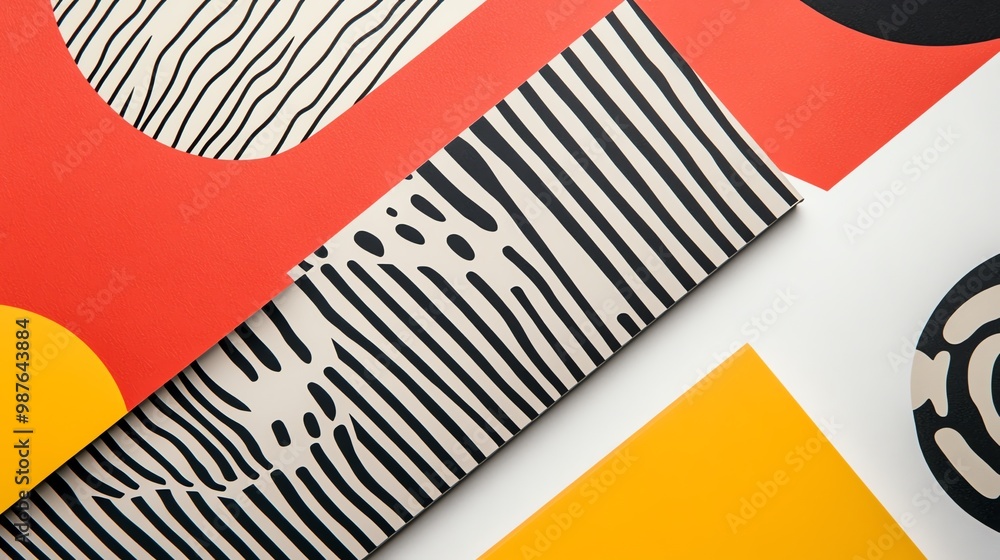 Poster a vibrant abstract composition of geometric shapes and patterns in bold colors.