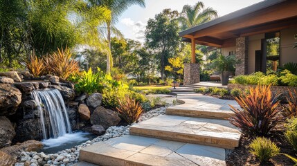 Fototapeta premium Front yard with resort-style landscaping featuring stone walkways, tropical plants, and a calming waterfall, no people, no logos.