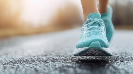 A person wearing teal sneakers is walking on a wet road, emphasizing active lifestyle and outdoor exercise in the morning, highlighting movement and fitness.