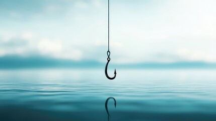 A tranquil scene featuring a fishing hook suspended over calm water, reflecting the serene atmosphere of a peaceful day.