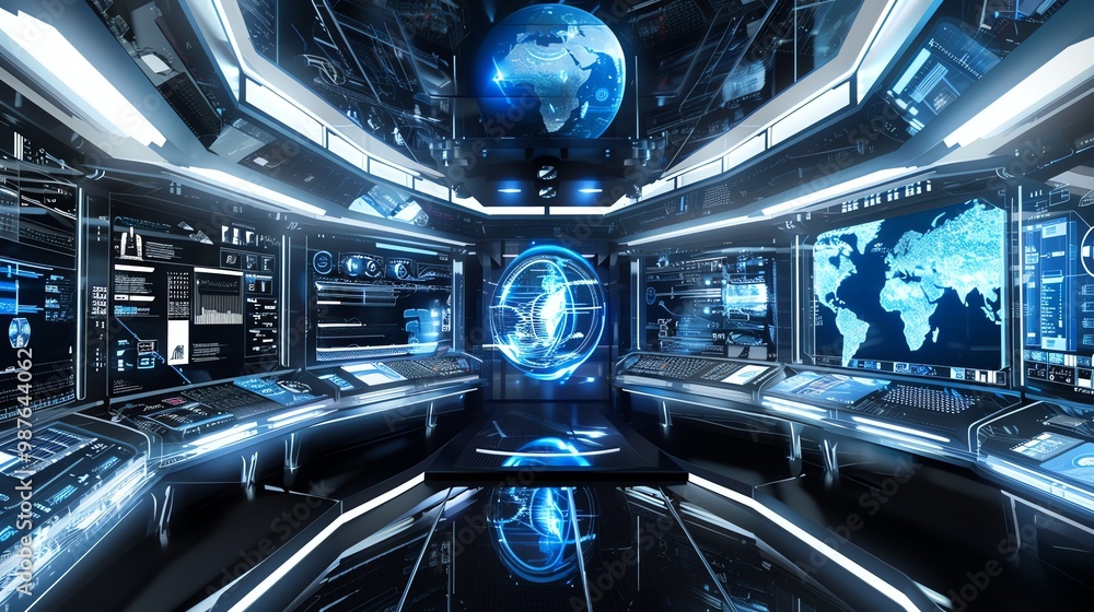 Poster a futuristic control room with glowing screens displaying data and maps. the room is dark and myster