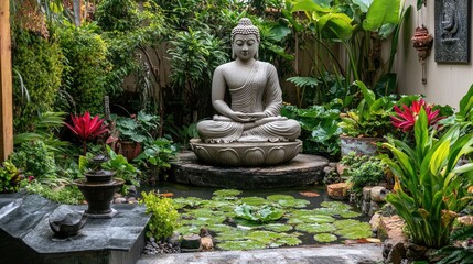 Obraz premium Lush Thai garden with a stone Buddha statue, vibrant green plants, and a small pond filled with lotus flowers, no people, no logo.