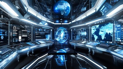A futuristic control room with glowing screens displaying data and maps. The room is dark and mysterious, with a sense of urgency and danger.