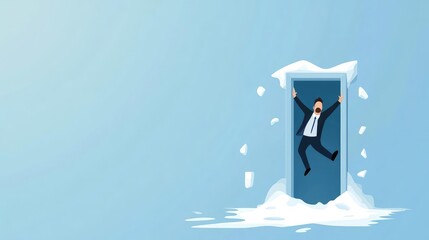 Naklejka premium A startled man emerges from a snowy door, representing unexpected challenges in a winter landscape.