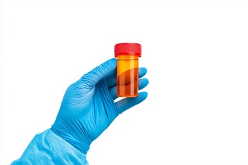 "Gloved hand holding an empty orange specimen container with a red lid, isolated on a white background. Ideal for medical, laboratory, or healthcare concepts."

