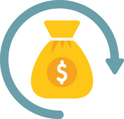 Money bag rotating inside circular arrow depicting concept of cash flow, investment, and financial circulation