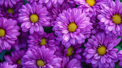 An image capturing vibrant purple chrysanthemums in full bloom, showcasing their delicate petals and bright yellow centers, creating a stunning visual contrast.