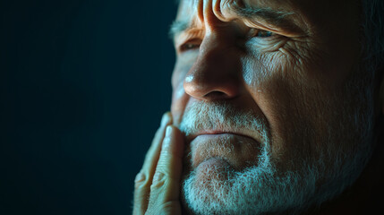 Obraz premium An older man displays a grimacing expression, conveying pain and discomfort as he holds his cheek
