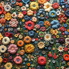 Vibrant button art depicting floral garden in whimsical style
