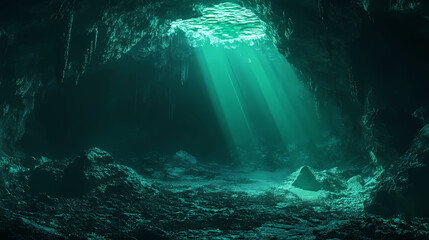 Obraz premium Picture a mysterious and enchanting underwater cave illuminated by neon green light ,close-up,ultra hd,digital photography. Underwater Cave. Illustration