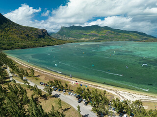 Kite lagoon and kiters on Mauritius island
