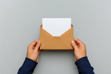 "Hands holding a brown envelope with a blank white card on a gray background. Perfect for themes of communication, invitations, mail delivery, and correspondence."







