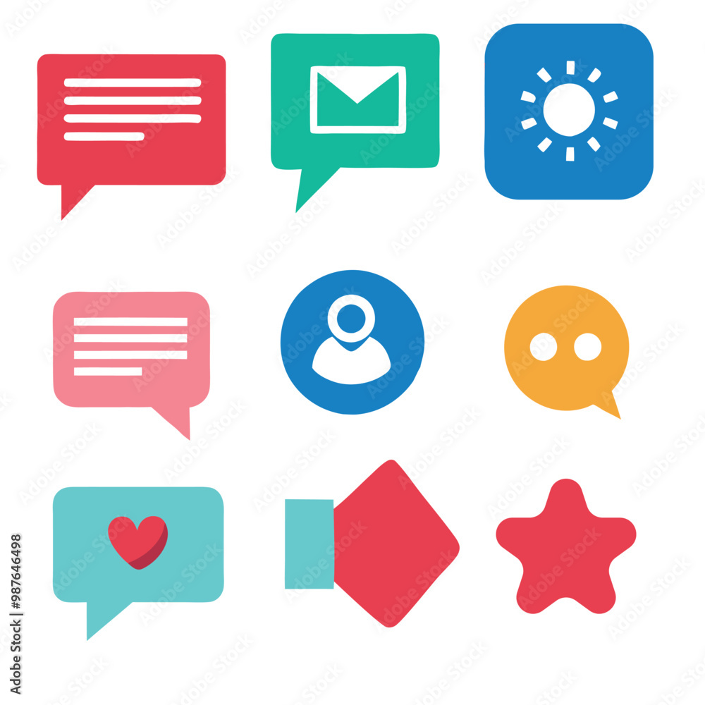 Poster flat color vector set of social media and communication icons – messaging, notifications, and likes.