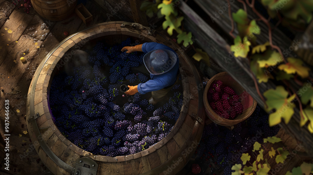 Poster a 3d vintner stomping grapes through a wine barrel-shaped hole on the bottom left. with top right bl