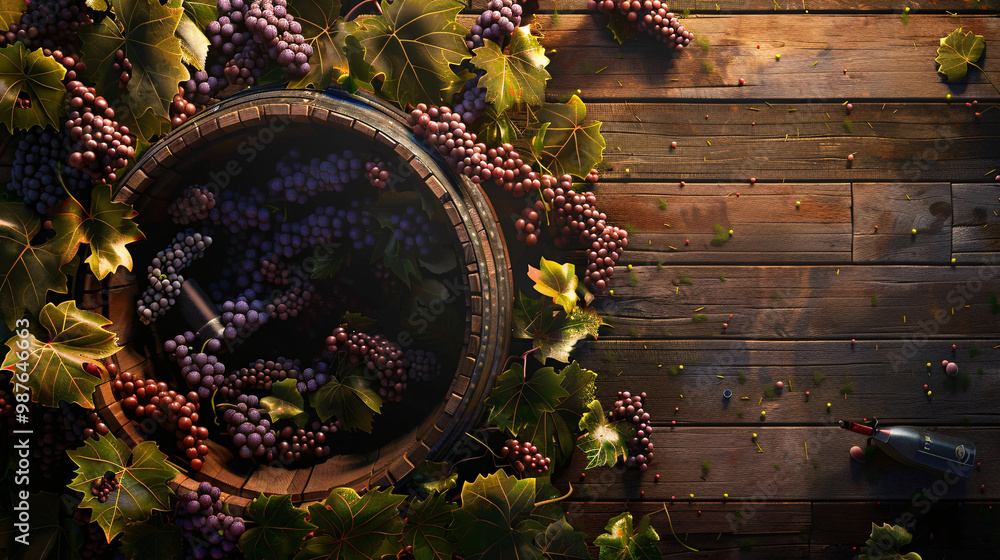 Poster a 3d vintner stomping grapes through a wine barrel-shaped hole on the bottom left. with top right bl