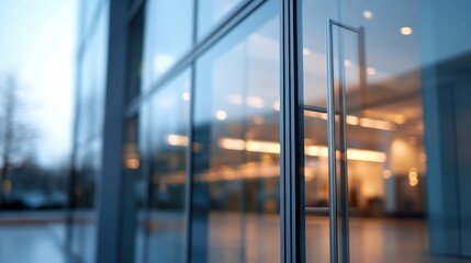 This image shows the entrance of a modern glass building with clear reflections on the glass surfaces and a welcoming interior environment filled with light and elegance.