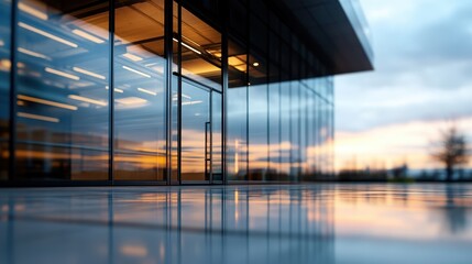 The modern office building entrance, with its glass reflections and sleek design, presents a professional and welcoming facade, bathed in the soft light of dusk.