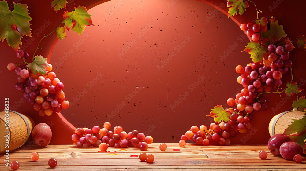 Poster a 3d vintner stomping grapes through a wine barrel-shaped hole on the bottom left. with top right bl
