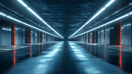 Neon Lights in a Concrete Tunnel 3D Illustration