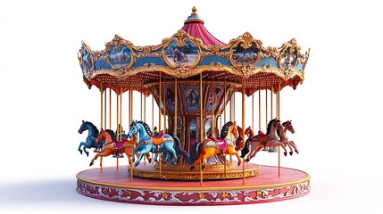 A vintage carousel with vibrant horses, frozen in motion against a crisp white background.