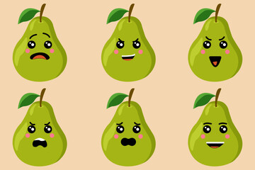 Set of Cute Cartoon Pear with Various Expressions