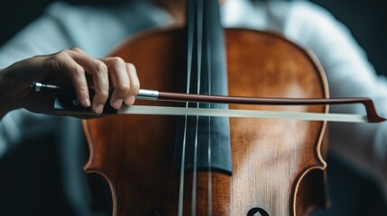 A mid-shot image capturing a person's hand and bow as they play the cello, highlighting their technique and the intricate motions required to produce beautiful, harmonious music.