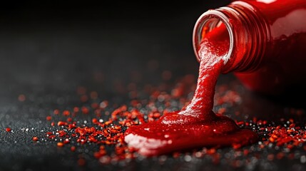 A detailed close-up of rich, thick, red hot sauce being poured out of a bottle onto a dark surface, highlighting the sauce's texture and the heat suggested by chili flakes.