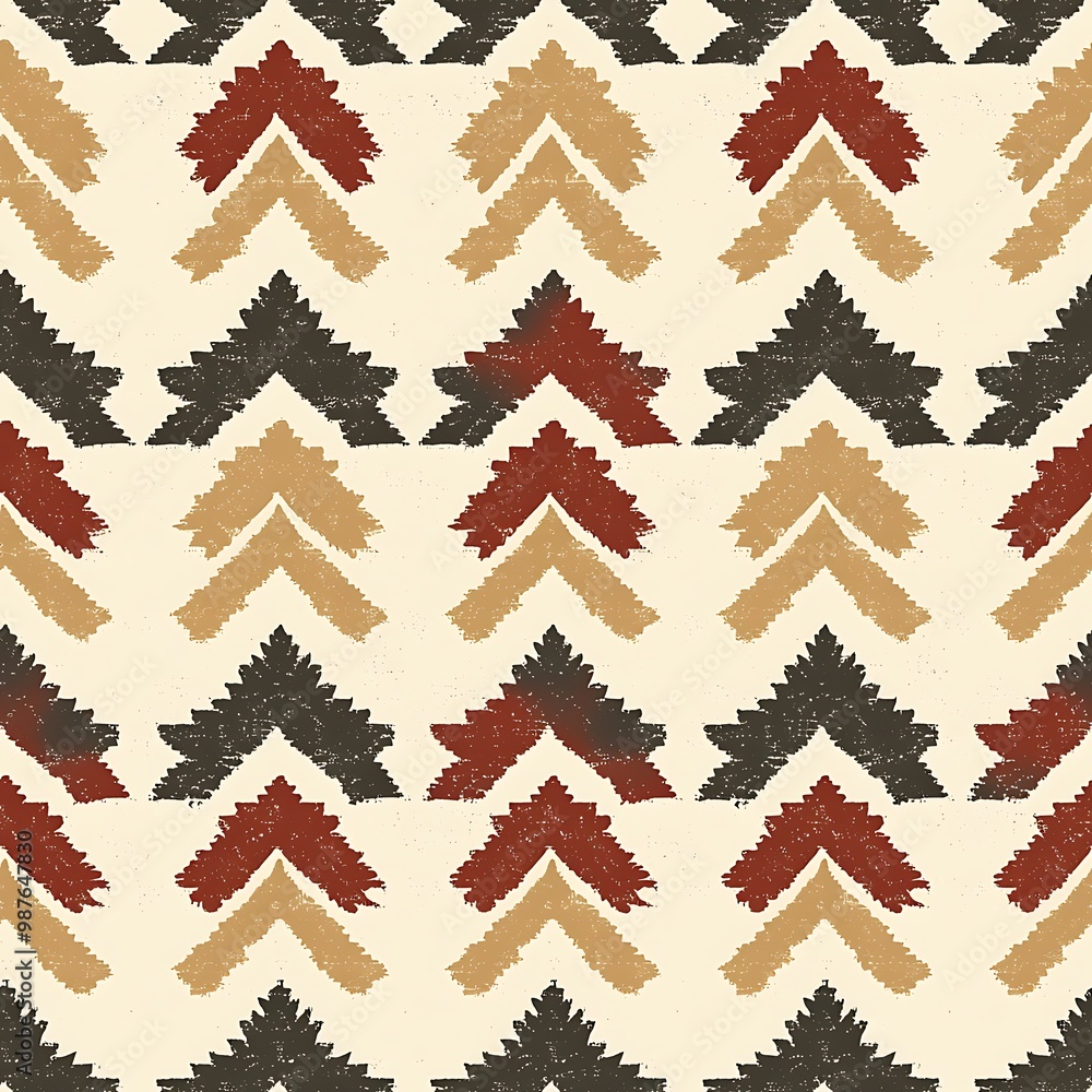 Poster chevron and triangle shapes in red, brown, and black combine for a bold abstract geometric pattern.