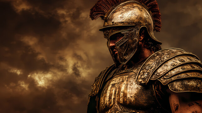 Portrait of a fierce thracian gladiator in battle-worn armor. Ancient Rome Gladiator. Illustration