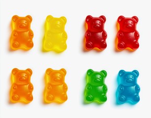 "Colorful array of gummy bears in red, orange, yellow, and green, neatly arranged on a white background. Confectionery, fun snacks concept."

