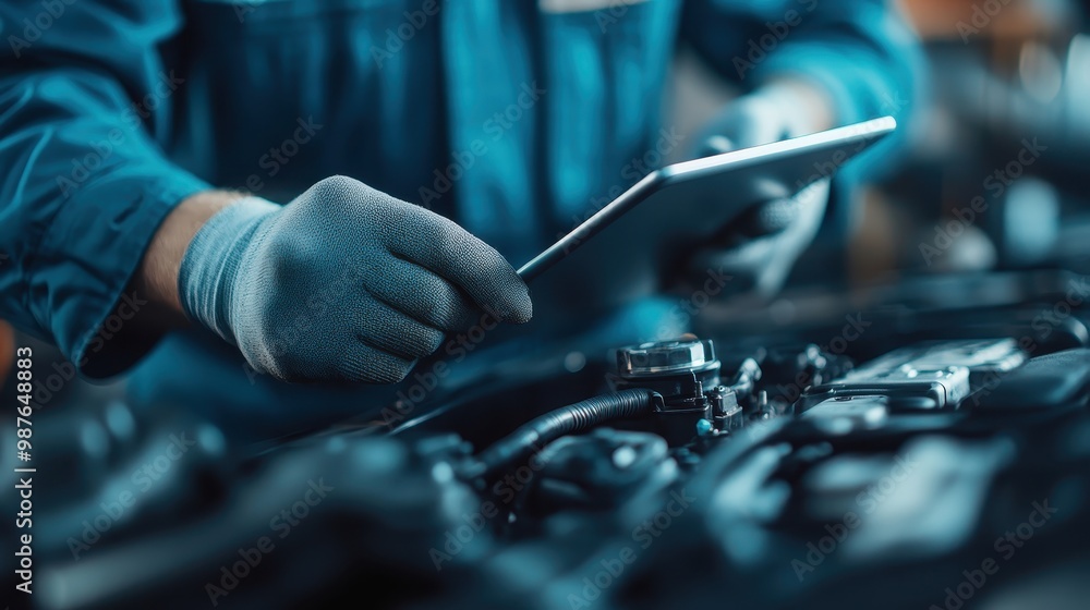 Aufkleber an image showing a technician closely inspecting and monitoring details of an engine using a tablet,