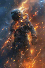 A astronaut standing in front of an exploding nebula 