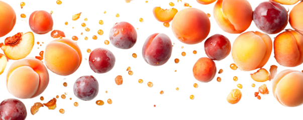 Fresh peaches, plums, and peach slices scattered on a white background.