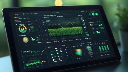 Smart Farm Dashboard on Tablet Showcasing Real Time Data for Crop Growth Weather and Resource