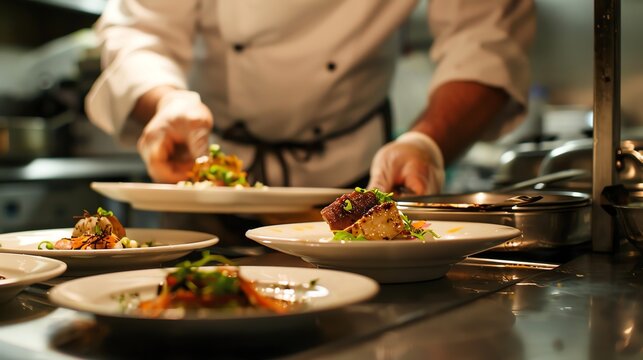 A chef carefully plates a delicious meal in a professional kitchen. The food looks fresh and appetizing, and the chef's focus on detail is evident.