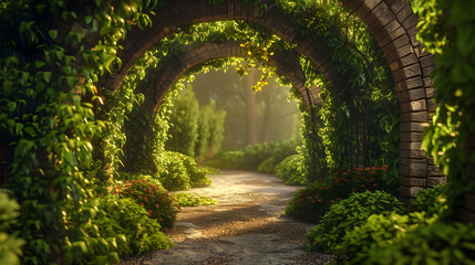 Stone Archway Leading to a Lush Garden Pathway